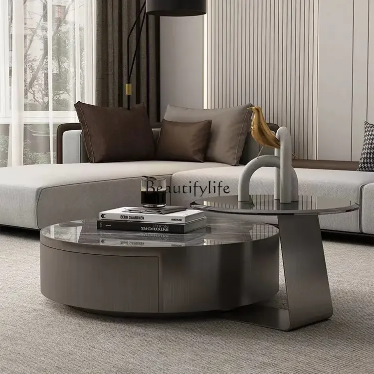 Italian light luxury stainless steel with drawer rock slab glass edge table high-end combination round coffee table