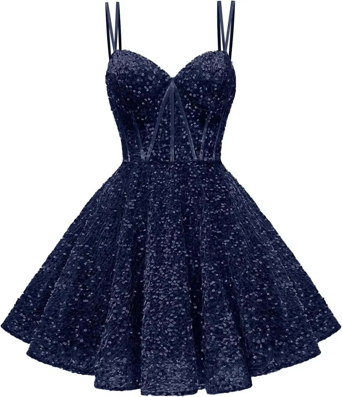 

2025 Youth Sparkle Flare Dress for School Reunion, Wavy Thin Straps, A-Line Short Formal Graduation Prom Skirt, with Tie Pocket
