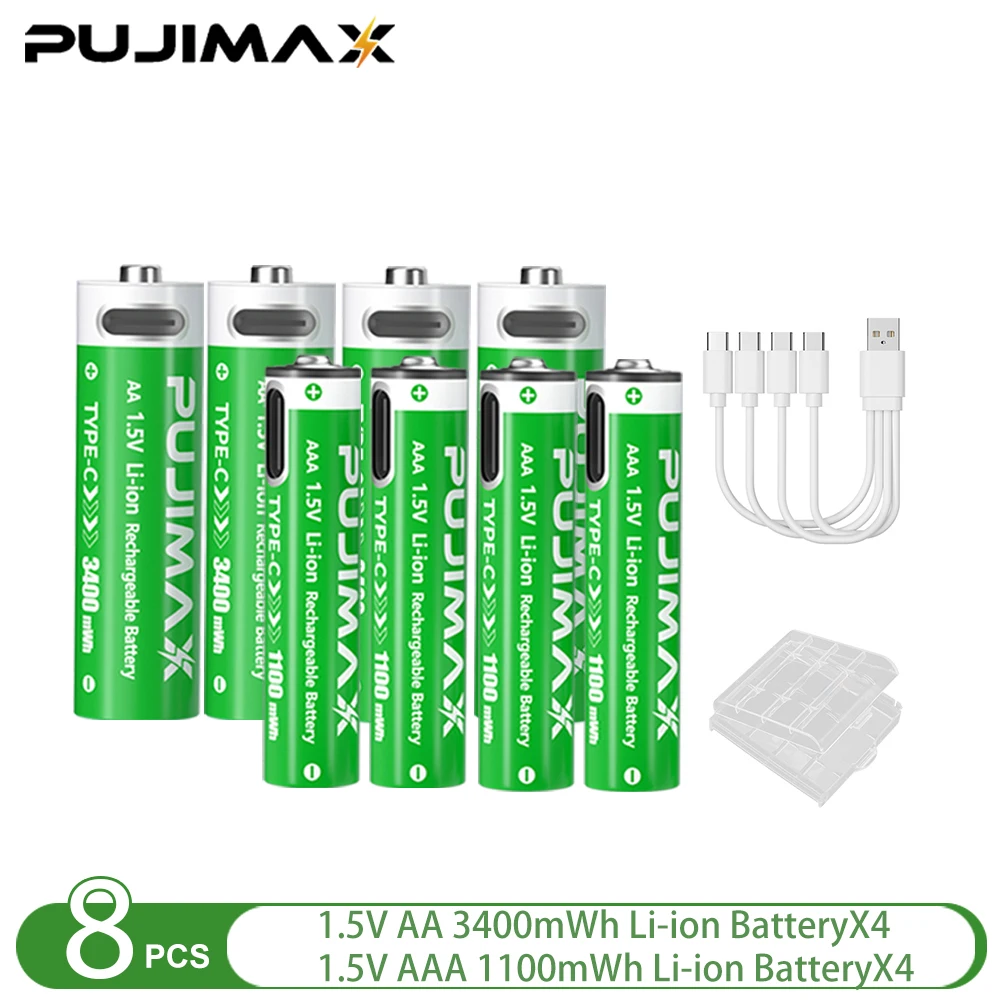 PUJIMAX 1,5 V AA en AAA oplaadbare lithiumbatterij 3400 mWh/1100 mWh, Type-C-poort Opladen worden hergebruikt 1500 keer voor wekkers