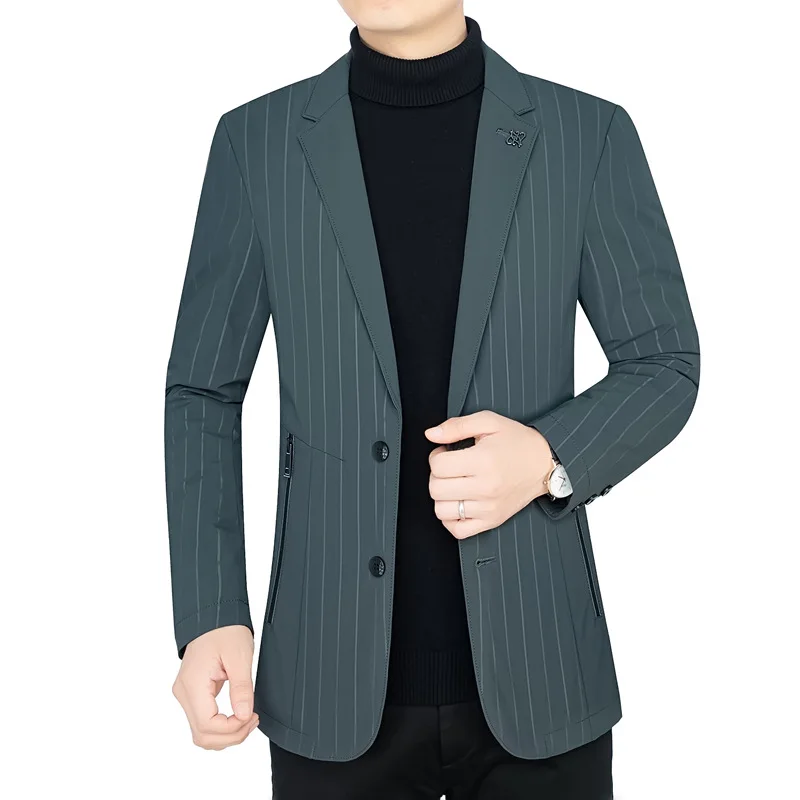 HOO 2023 Men's Warm Striped down blazer Winter Slim-Fit Lightweight Thin Warm   blazer