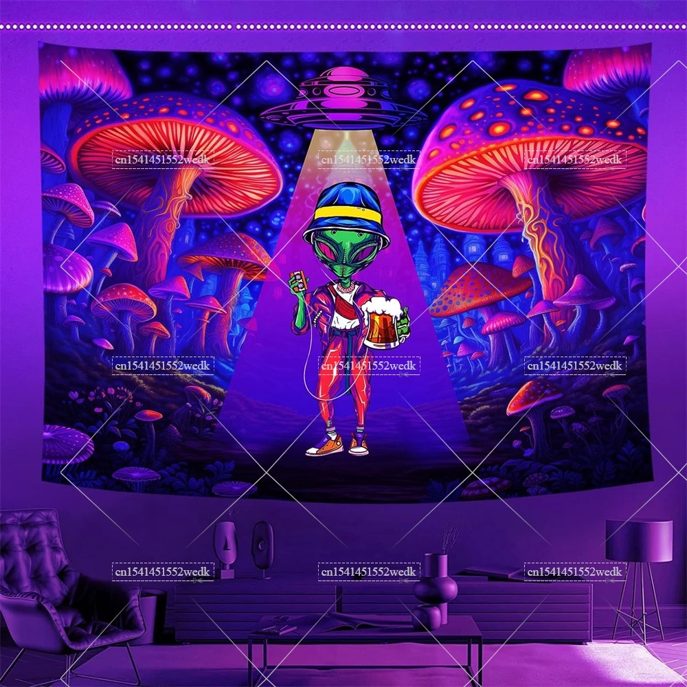 Blacklight Alien Tapestry UV Reactive Fantasy Mushroom Black Light Tapestrys Neon Glow In The Dark Aesthetic Party Backdrops