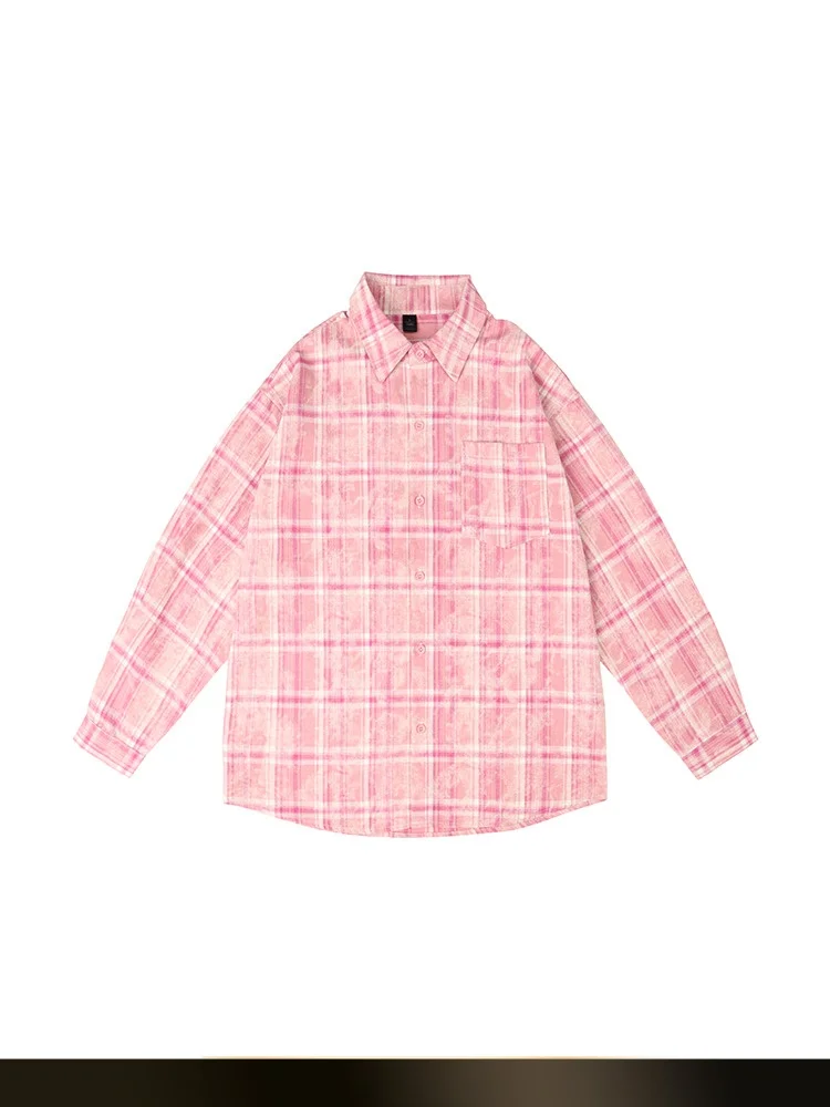 

Trendy American Brand Long Sve Plaid Loose Fit Collared irt for Couples Autumn Outerwear Cotton Youth Faion