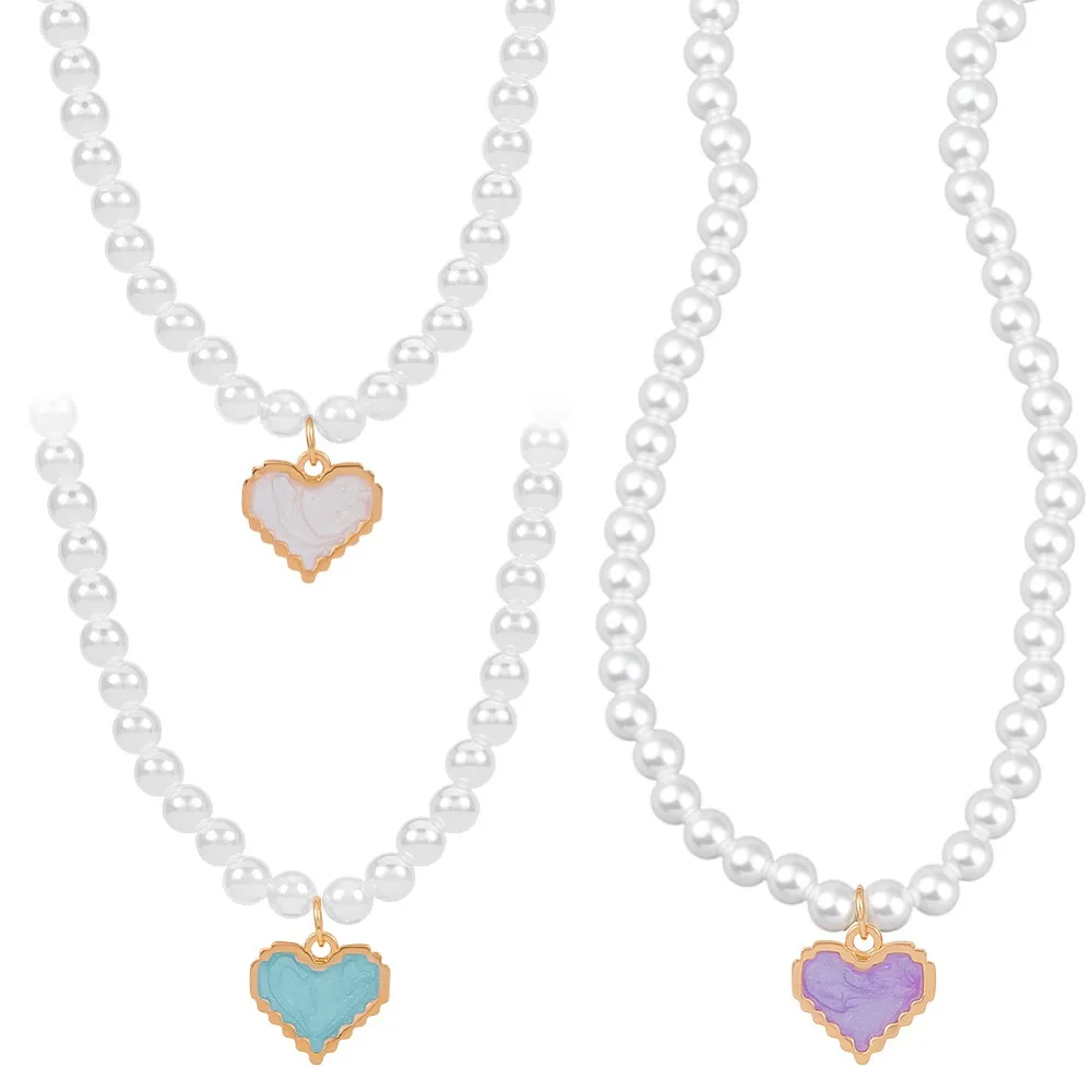 

3Pcs 3 Colors Alloy Enamel Heart Pendant Necklaces White Round Imitation Pearl Beaded Necklaces for Women Light Gold Mixed Color