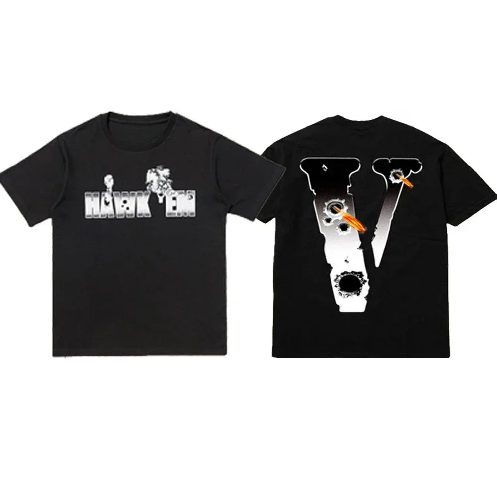 Cross Border European American Tshirt Trendy Brand Vlone Unisex Large V Printed Hip-hop T Shirt Street Versatile Garden T-shirt