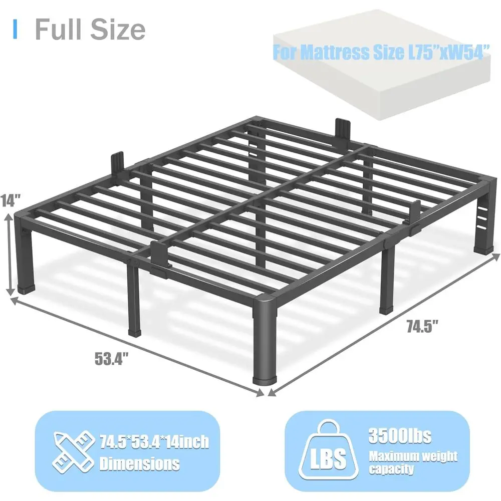14 Inch Full Size Bed with Round Legs, Heavy Duty Metal Platform, Steel Slat Support, No Box Spring Needed, Easy Assembly, Noise