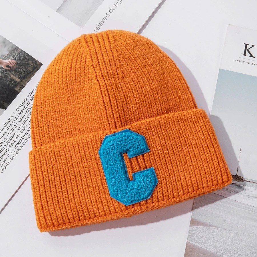 Korean version autumn and winter candy color C letter ins style children\'s wool hat Men and women children warm jumper knit hat