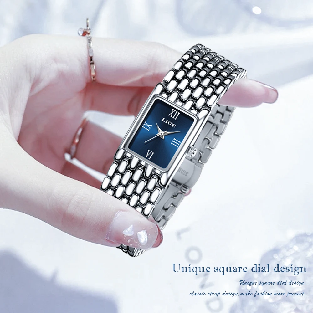 LIGE Elegant Luxury Woman Watch Fashion Casual Square Bracelet Quartz Watches for Women Waterproof Simple Ladies Thin Wristwatch