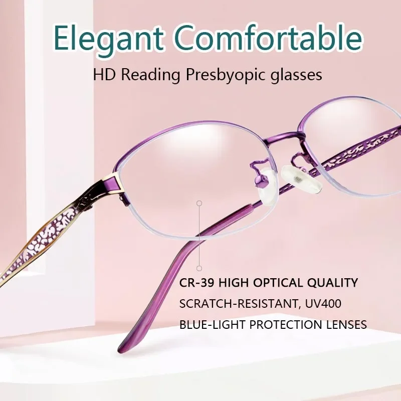 Blue light blocking Reading Glasses for Women, Ultra-lightweight Metal Half Frame, Computer Readers Anti UV/Eyestrain/Glare