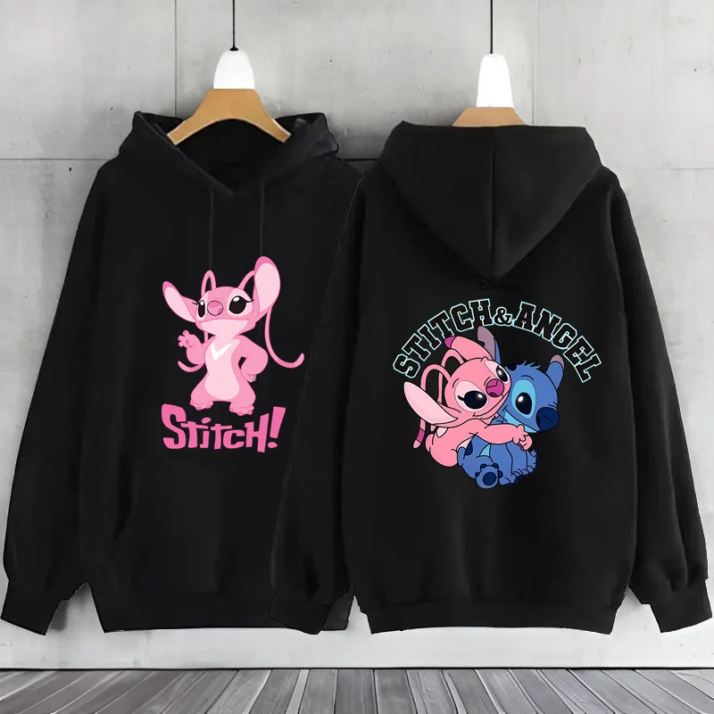 2026 Sudadera con capucha negra para mujer, sudadera de la marca Lilo & Stitch Disney, sudadera con capucha con bonito patrón de dibujos animados, Jack cálido de otoño/invierno