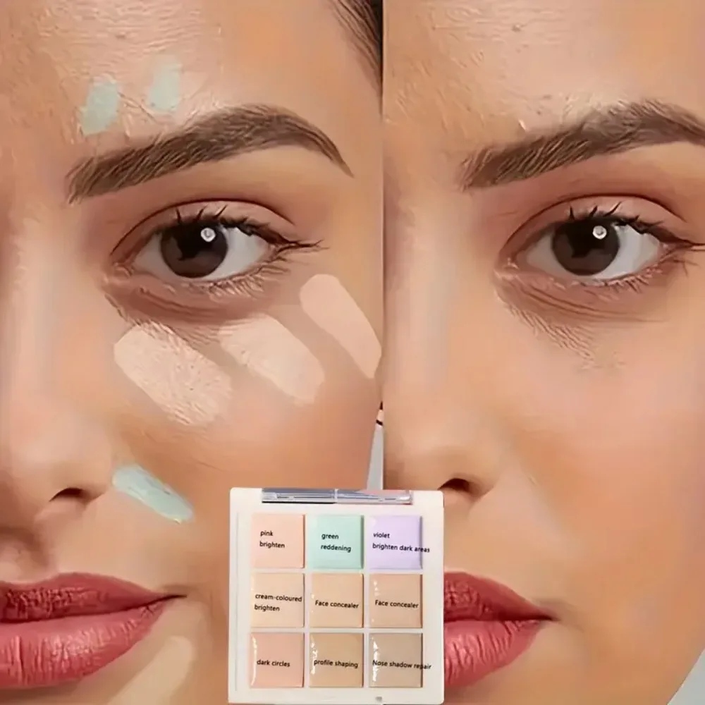 Paleta de corretivos de nove cores, corretivo à prova d'água e à prova de suor, adequado para acne, olhos escuros, creme de correção de cores
