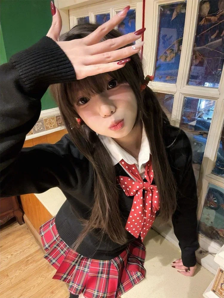 

Оригинальный вязаный комплект из свитера и юбки с V-образным вырезом для колледжа, маленькая юбка в клетку с перцем для женщин, осенний комплект Faion