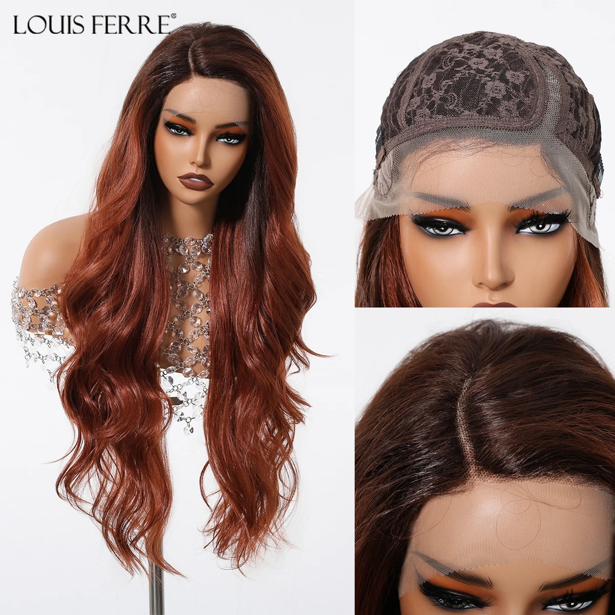 Red Brown Ginger Lace Front Synthetic Wigs Long Wavy Curly Wigs With Dark Roots Side Part Lace Wig for Daily Use Cosplay