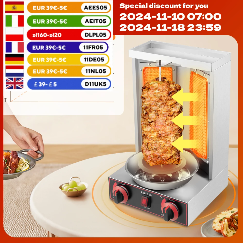 Doner Grill 3000 W LPG Kebap Grill 220 V Gas Doner Kebab Machine for Chicken Turkey Tacos Kebap, Stainless Steel, Black