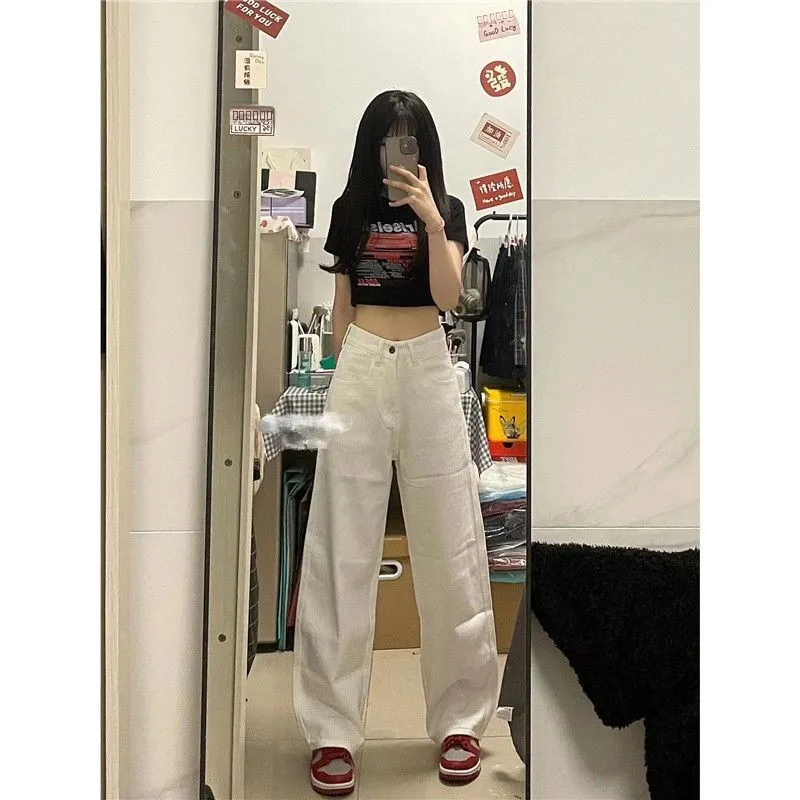 

High Waist Wide Leg Straight Jeans Women's White Loose Fitting Slimming Floor Length Pants Autumn New Sle Korean Sle