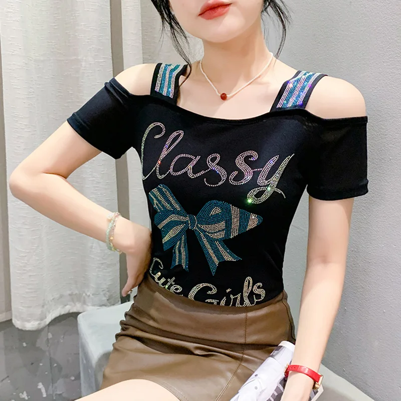 2025 Summer New Heavy Industry Double layered Mesh Tops Short sleeved Fashion Off the Shoulder  Diamond Women\'s  T-Shirt