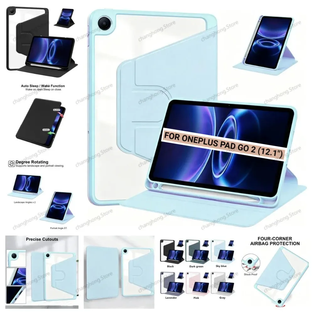 For OnePlus Pad Go 2 12.1inch Case Go2 2026 OPD2504 Case with Pen Holder 360 Rotating Acrylic Clear Tablet Cover