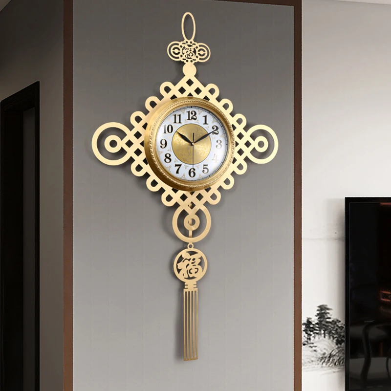 Chinese Knot Brass Silent Large Wall Clock Home Living Room House Design Interior Wall Decoration Luxury Aesthetic Accessories