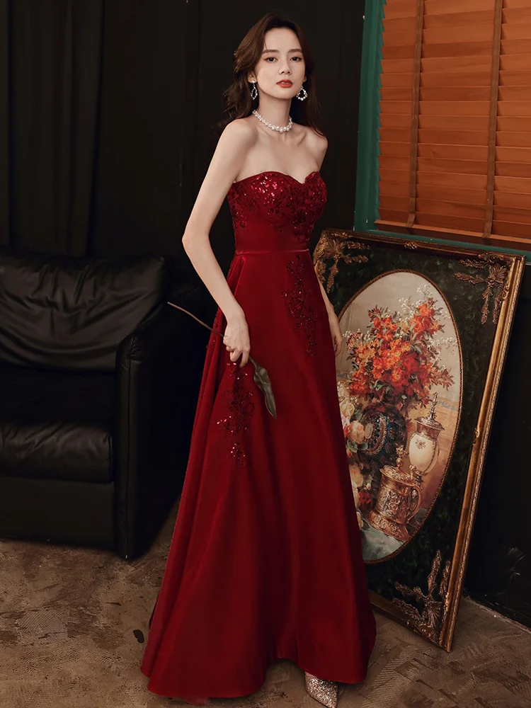 

Red Evening Gown Women's Sexy Birthday Par Dr Strapl Bridal Wine Color New 2024 Korean Sle Sequin mid Waist Long Skirt