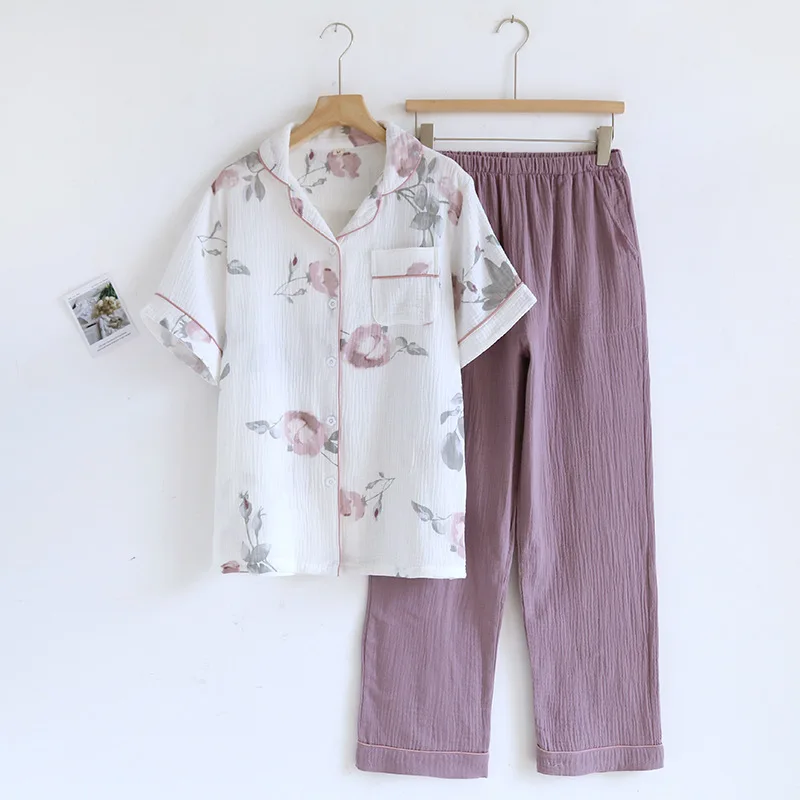 2024 Japanese Summer New Women\'s Pajama Set Short Sleeve+Long Pants Two piece Set 100%Cotton Thin Cardigan Home Furnishing Fresh