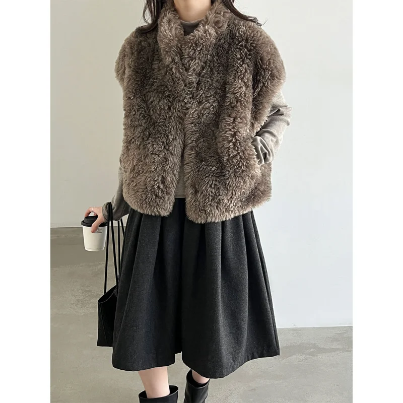 Fashion French Sweet Simple Stand-up Collar Fake Fur Vest Coat Women Wear Sleeveless Wild Imitation Fur Lady Vest Coat Winter