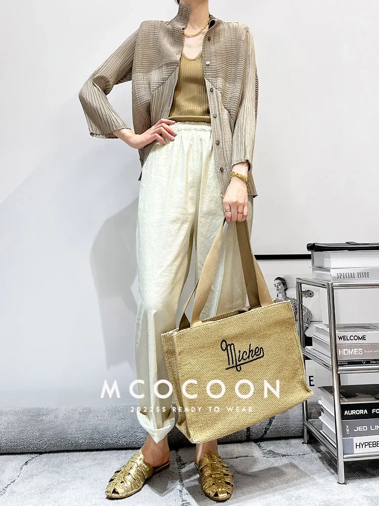 

Miyake 2022, плиссированная однобортная рубашка, дизайнерская роскошная одежда, свободный воротник-стойка, пальто с длинными рукавами, кардиган, топы