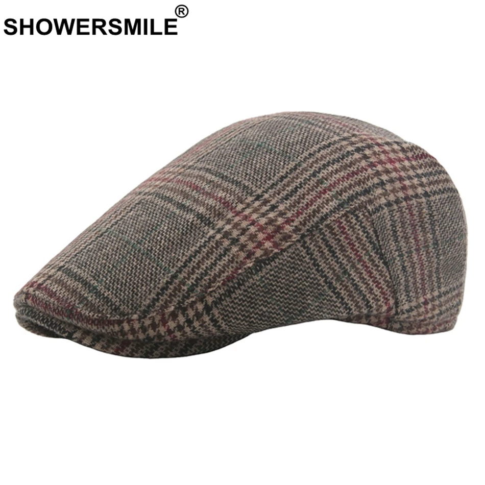 SHOWERSMILE Classic Wool Flat Cap for Men Beret Hat Tweed Wool Plaid Male Vintage Flat Cap British Style Spring Autumn Ivy Caps