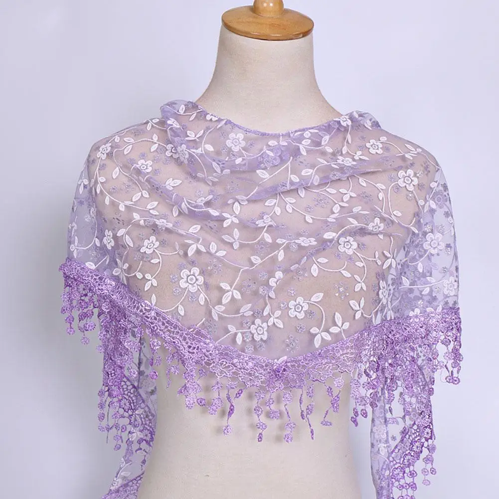 Lace Hollow Triangle Scarf para mulheres, respirável, lenço transparente, xale elegante, padrão de flor, cor sólida, D7G0