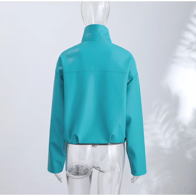 Women's Solid Faux Leather Jacket Stand Collar Zippers Long Wide Sleeves Cropped Coats 2026 Autumn Fashion All-match Streetwears