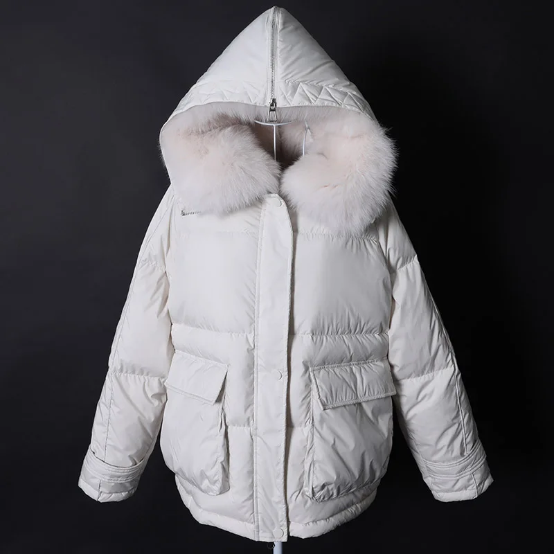Maomaokong loose Real Fox Fur Collar 2024 White Duck Down Jacket Women Winter Luxury Puffer Coat Oversize Feather Outwear