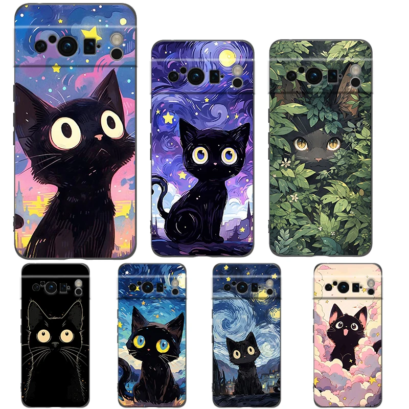 Artistic Black Cat Starry Night Phone Case For Google Pixel 9 8 7 6 Pro XL 8A 7A 6A TPU Shell Soft Shockproof Black Cover