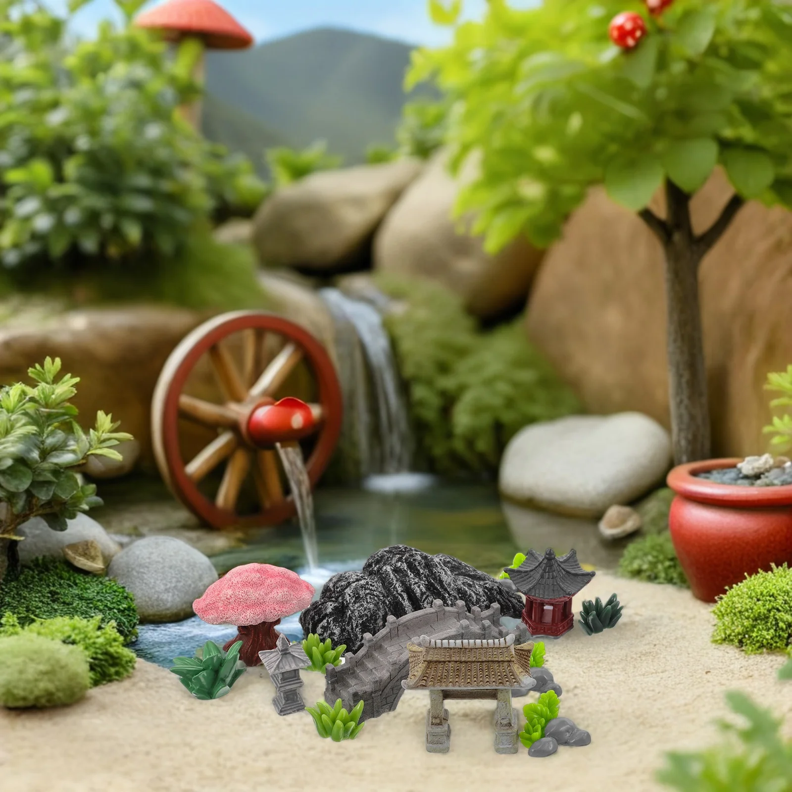 

1Set Miniature Zen Garden Bridge Pagoda Rockery Ornament Traditional Chinese Landscape Terrarium Bonsai Fairy Garden Decoration