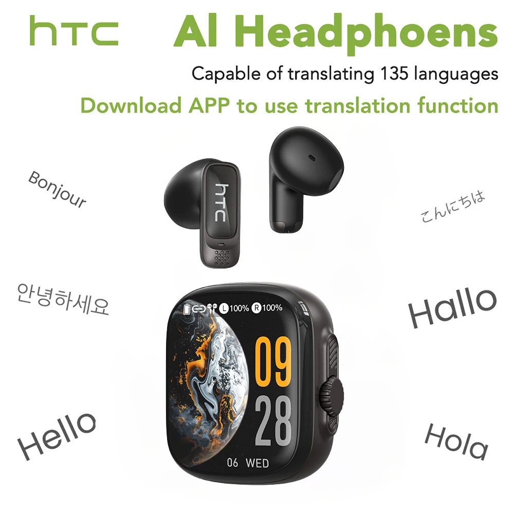 HTC NE72 AI-Übersetzungs-Bluetooth-Kopfhörer Kabellose Ohrhörer LED-Touchscreen HiFi-Stereo-Audio Geräuschunterdrückung In-Ear-Kopfhörer