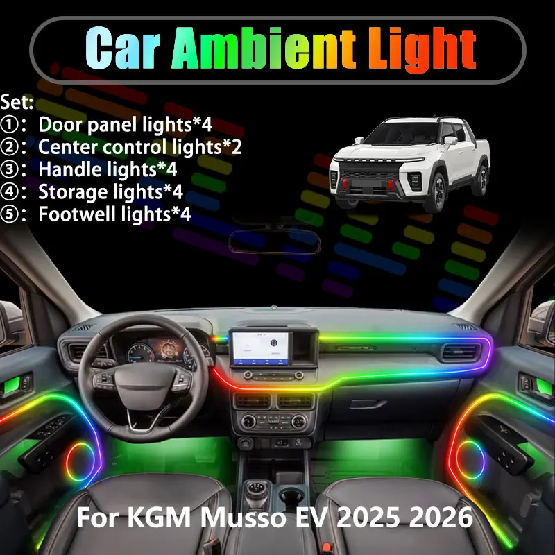 

For KGM Musso EV 2025 2026 O100 2/18 in 1 Car ambient lighting Led trunk interior led lights USB RGB Ensemble Streamer Auto Part