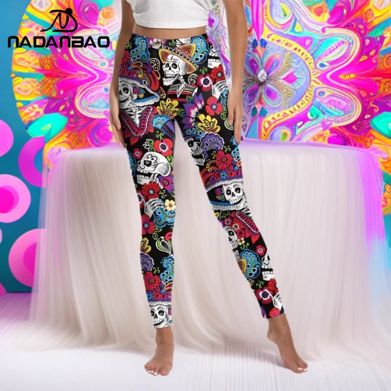 Nadanbao Leggings da donna con stampa teschio di zucchero colorato giorno dei morti Pantaloni da festival elasticizzati a vita media Collant da festa di Halloween