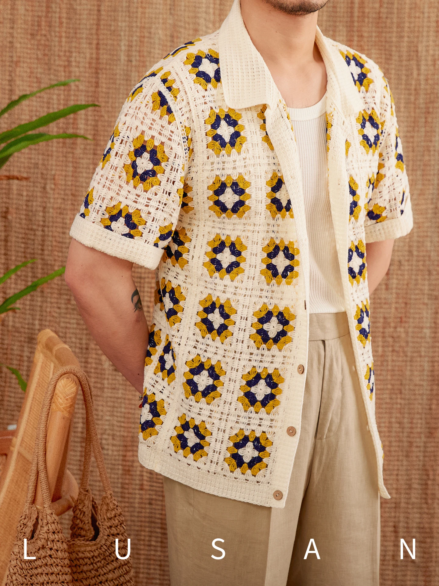 High-End Summer Thin Breathable Hollowed Leisure Short-Sleeved Shirt Lapel Crocheted All-Matching Shirt Trendy Men