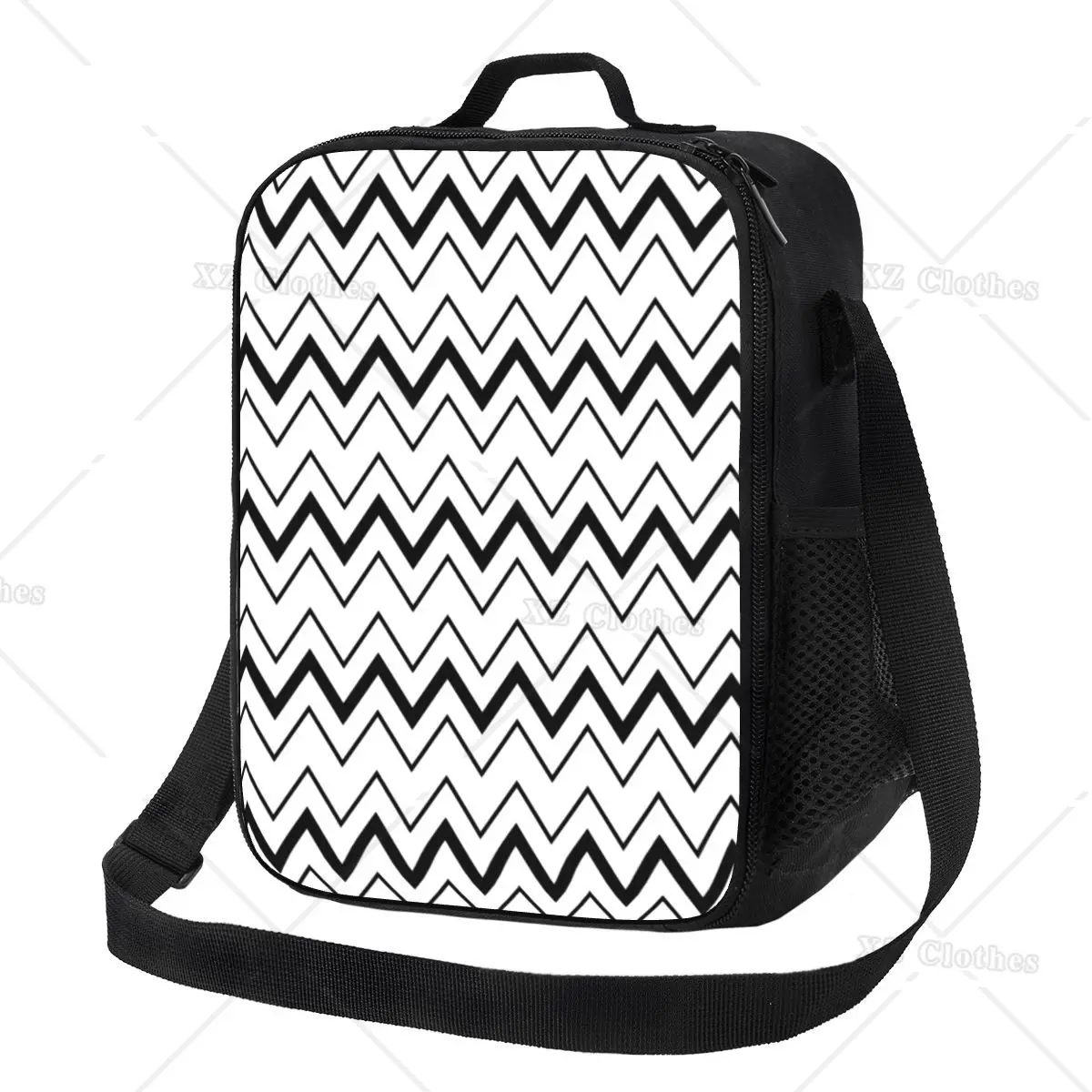 Black and White Chevron Pattern Insulated Lunch Bag Modern Geometric Zigzag Thermal Cooler Lunch Box for Men Kids Picnic Trip