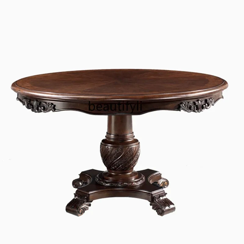 

American classical log carved round dining table family restaurant round dining table and chairs2005
