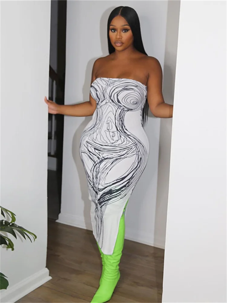 kliou Fashion Panelled Print Women Maxi Dress Sexy Strapless Body-shaping Elegant Long Robe Female Sexy Nighout Club Party Wear