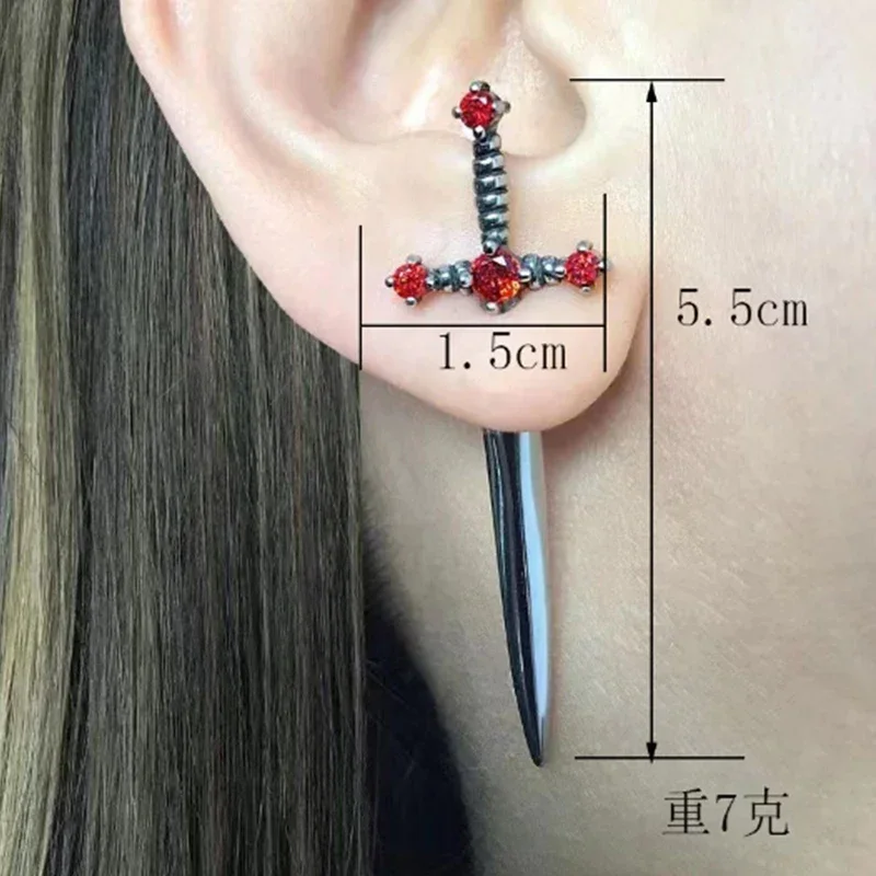 Jewelry Punk Sword Gothic Kinitial Piercing Earrings for Women Men Goth Crystal Ear Jacket Dagger Stud Earrings Jewelry