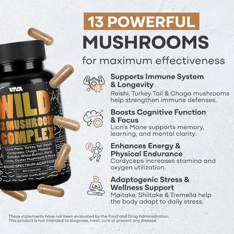 Mushroom Supplement -10:1 Mushroom Lion Mane, Turkey Tail, Ganoderma lucidum - Energy, Immune Health Support (60 capsules) view 2
