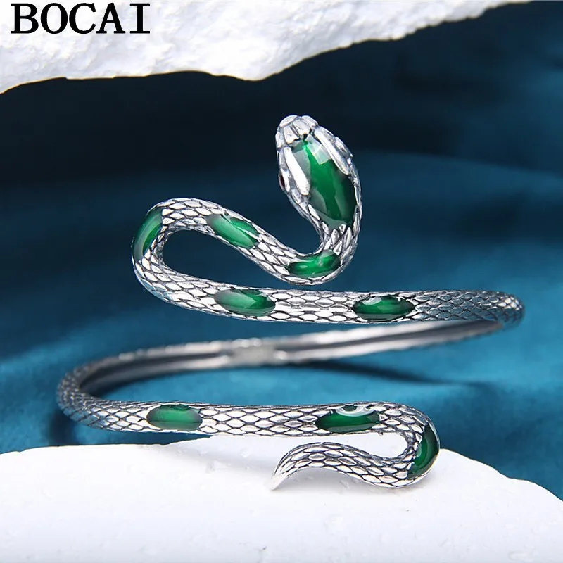 

BOCAI НОВЫЙ браслет из чистого серебра S925 с темпераментом и индивидуальностью, зеленый дух, змея, открытый браслет