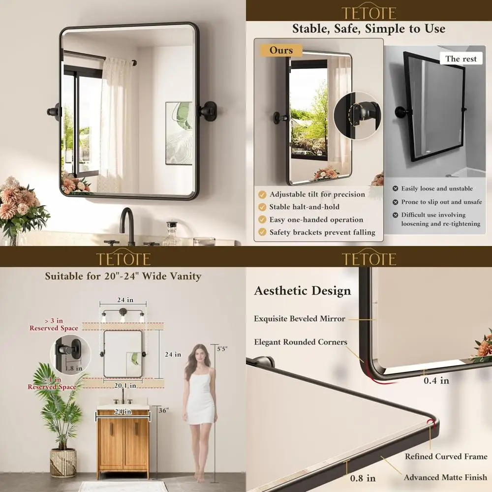 

Rectangle Pivot Mirror with Tilt and Beveled Edges, 20x24 Inch, Black Metal Framed, Farmhouse Style Bathroom Vanity Mirror