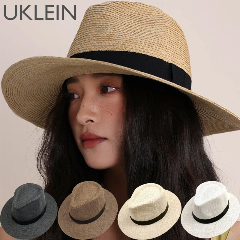 Summer Sunscreen Handwoven Straw Sun Hat Beach Vacation Panama Jazz Hat Men Women Hawaii Casual Sunshade Gangster Cap Bucket Hat