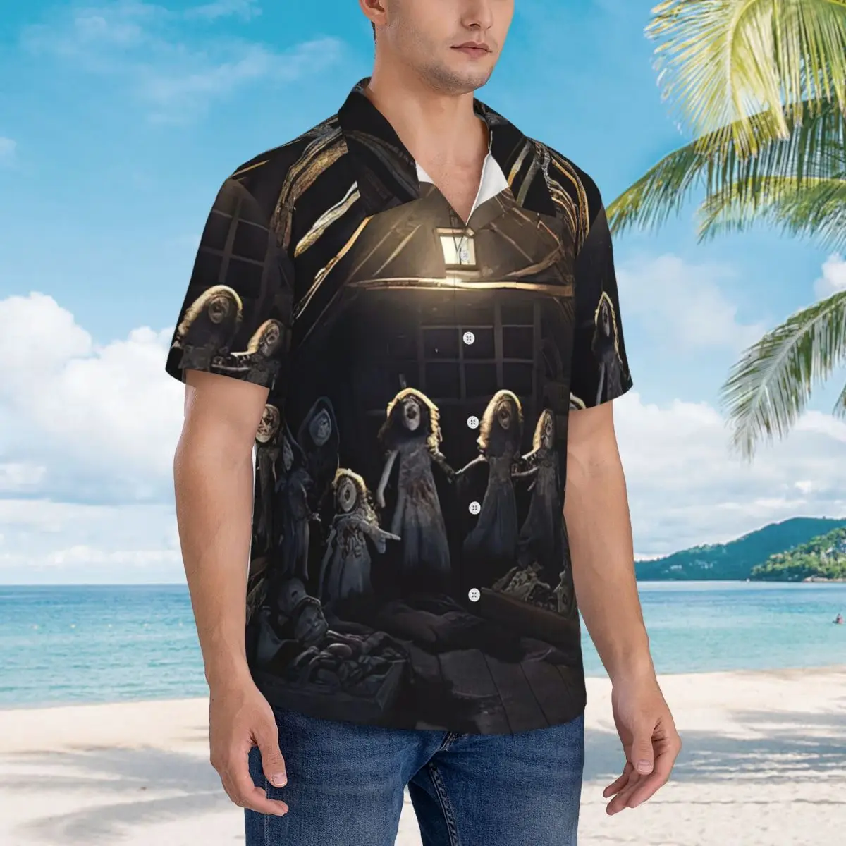 

Haunted Attic With Possessed Creepy Dolls Hawaiian Shirts Funny Men Short Sleeve Shirt for Summer Beach Men's Lapel Tops