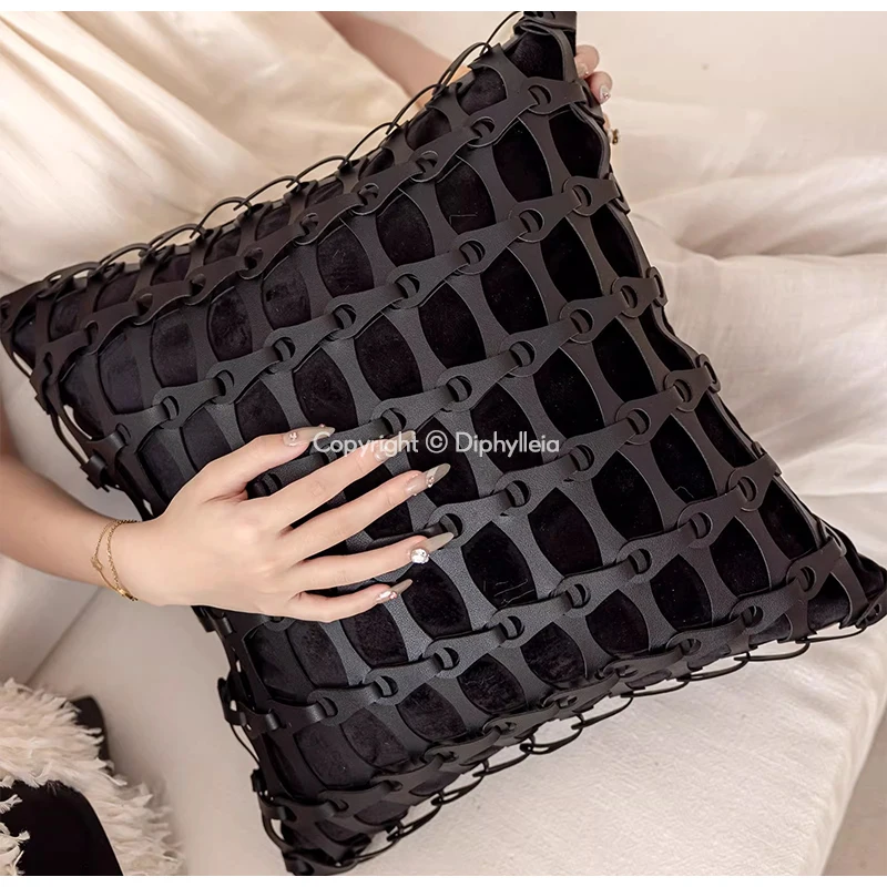 Diphylleia BV Style Inspired Chain Motif Leather Patchwork Cushion Cover Luxury Handmade Pillow Case For Bed Sofa Couch Armchair