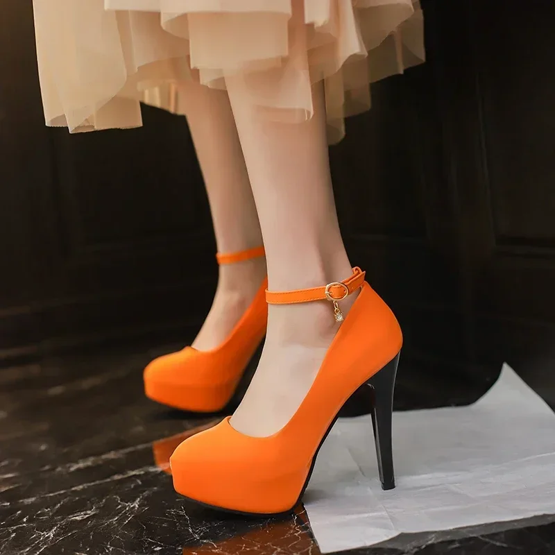 Green Women Platform Pumps Super High Thin Heels Orange Black PU Dress Party Office Ladies Ankle Strap Round Toe Shoes Big Size - view 3