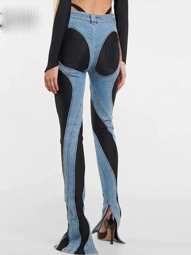 Jeans da donna a blocchi di colore firmati Slim Decostruisci con pannelli patchwork a vita alta Pantaloni lunghi in denim blu divisi Autunno