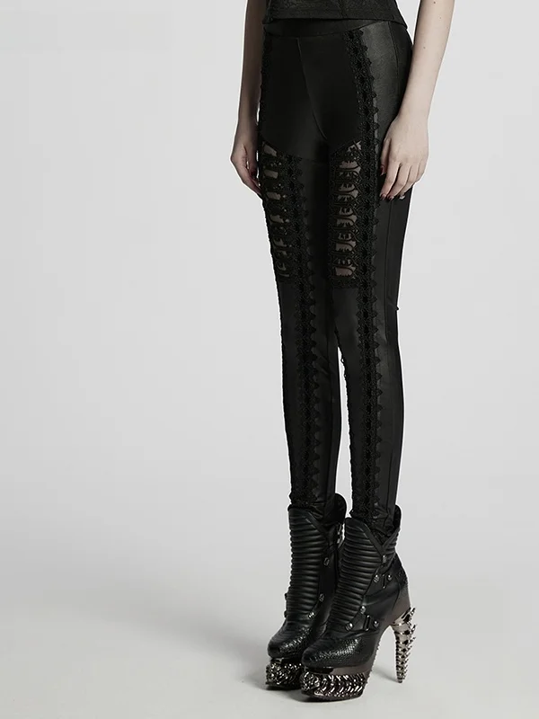 Gothic Hollow out Sexy Tight Pants Women's Design Unique Faux Leather Long Pants High Waist Bum Lifting Regular Thickness