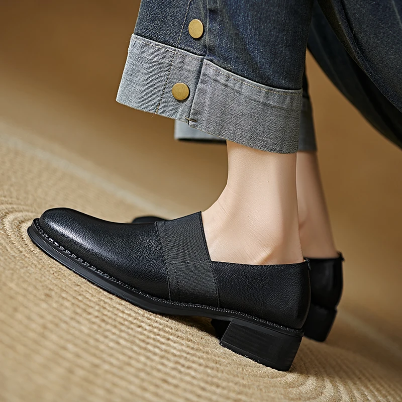2026 new spring summer women pumps natural leather plus size 22-25.5cm sheepskin+pigskin round toe thick heel women shoes