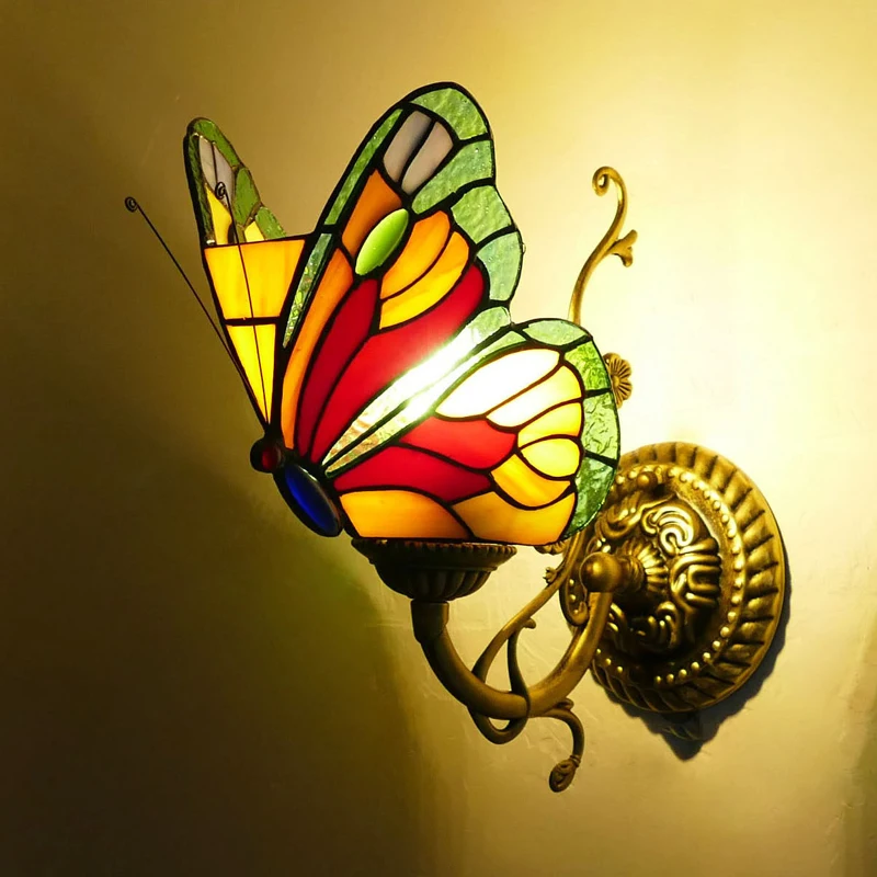 

Colorful Butterfly Wall Lamp Tiffany Art Home Deco Glass Lighting Fixture Retro Nordic Bedroom Sconce Mirror Light LED Luminaria